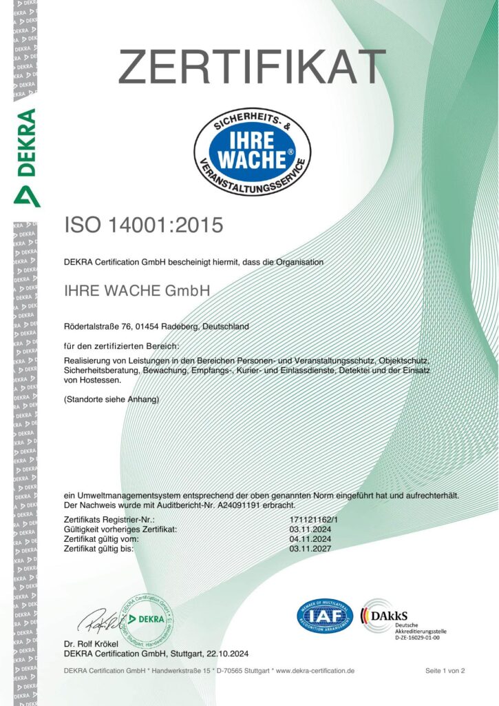 Ihre Wache Zertifikat ISO 14001 2027