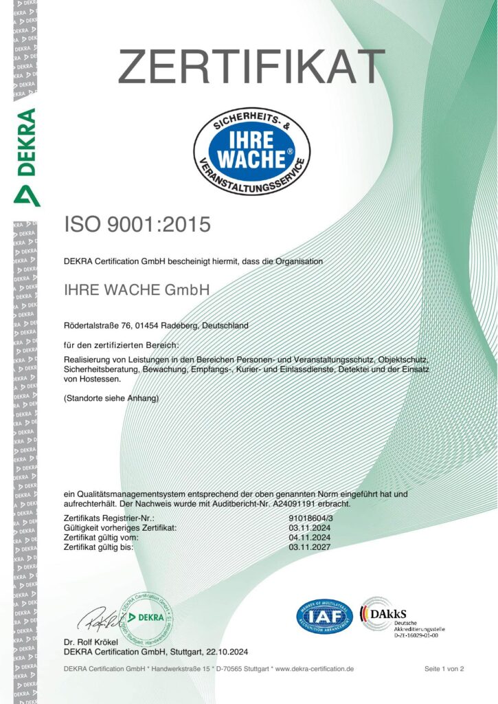 Ihre Wache Zertifikat ISO 9001 2027